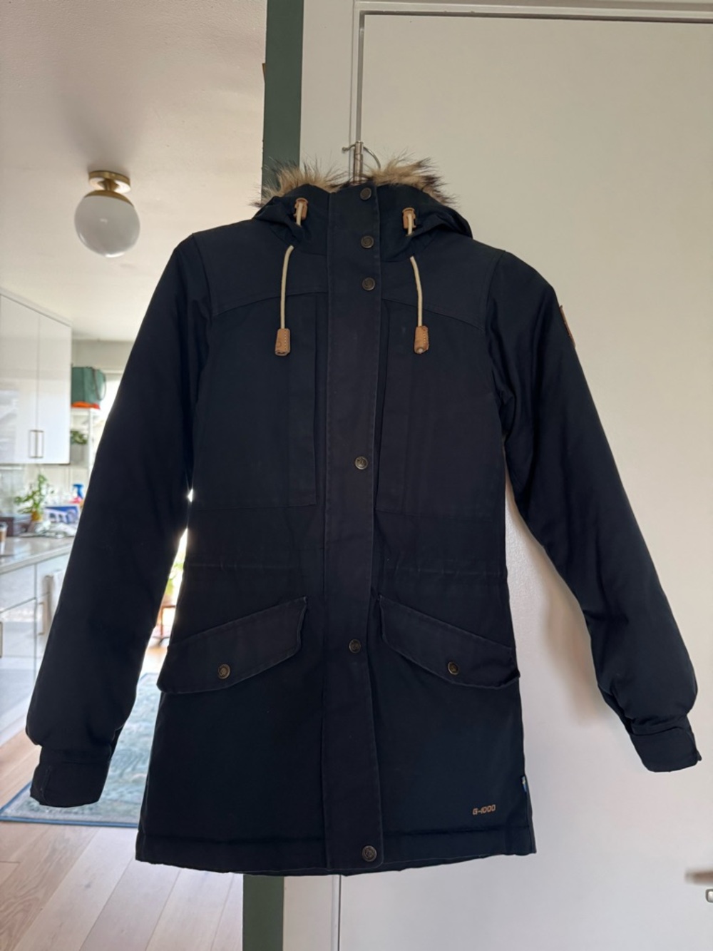Fjallraven Women's Dark Blue Parka Coat with Faux Fur Hood
